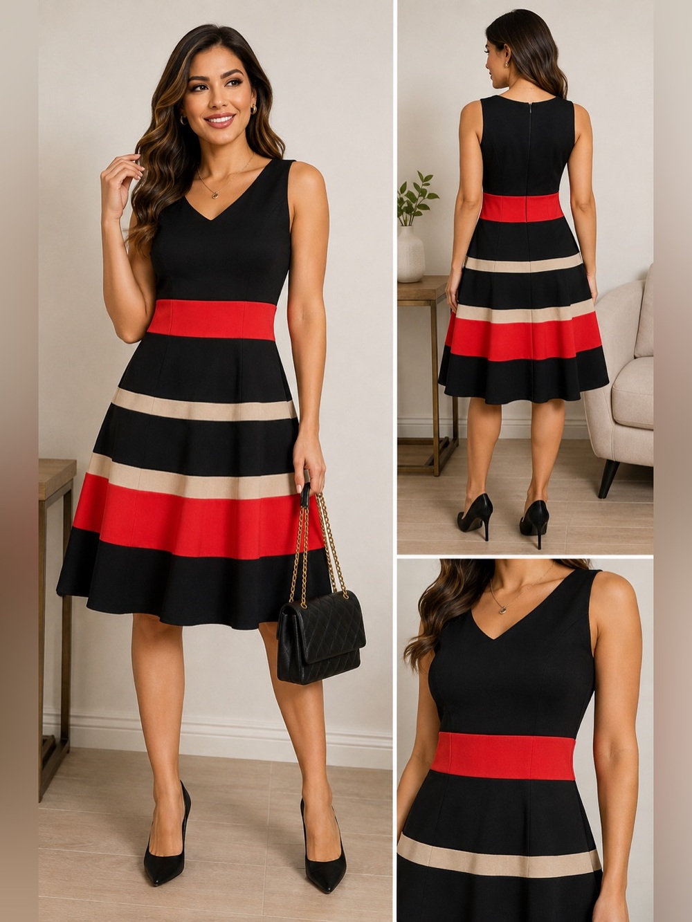 Evan Picone Black Midi Dress with Red and Beige Stripes